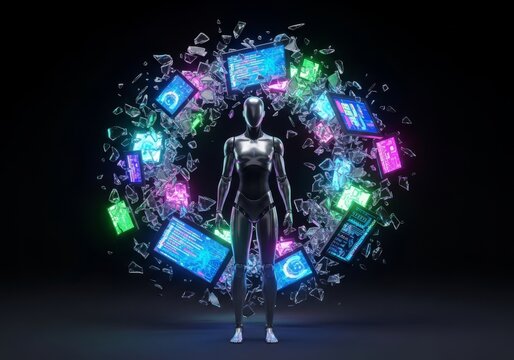 A metallic humanoid automaton stands amidst a cloud of hovering shattered digital displays and glowing glass fragments in a dark studio, innovation, blue, shards