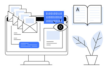 Online privacy, data security, digital communication, email management, information exchange, education. Computer screen with envelopes, binary code book and plant. Online privacy and data security © robu_s