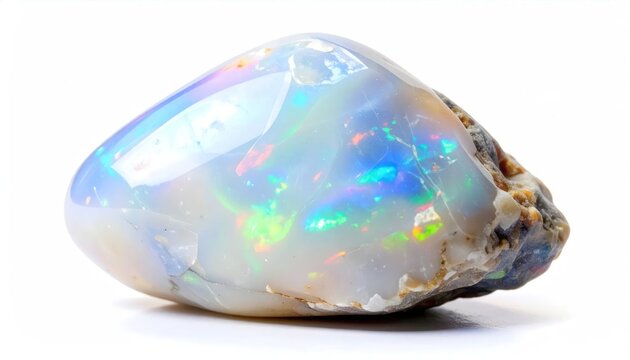 A stunning polished opal gemstone displaying vibrant iridescent colors against a white background.