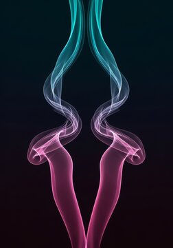 A balanced composition of translucent teal and pink ethereal vapor flows, creating a soft glowing symmetry against a dark, minimal background, artistic, movement, digital