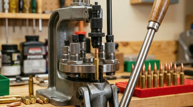 Medium shot of a carousel head steadily pressing heavy crimps on rifle cartridges showcasing precision bullet seating and secure cartridge assembly in a reloading process.