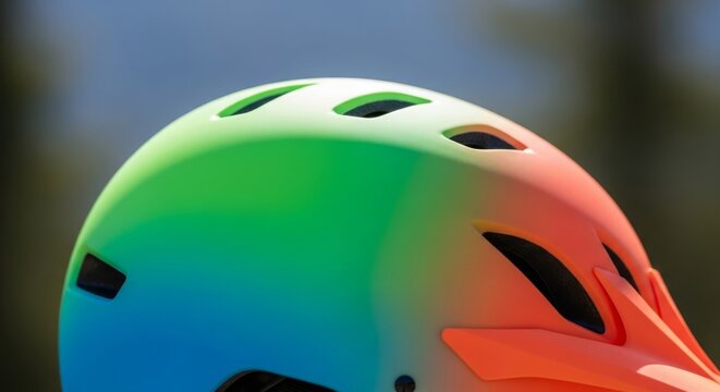 A bright protective headgear sits securely during outdoor activities. The gear provides safety while enjoying a bicycle ride in nature, cycling, trip, secure