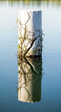 A calm lake surface mirrors a pristine marble pillar which appears cracked and vine-covered within the water showing ancient mossy textures, outdoor, surreal, fantasy
