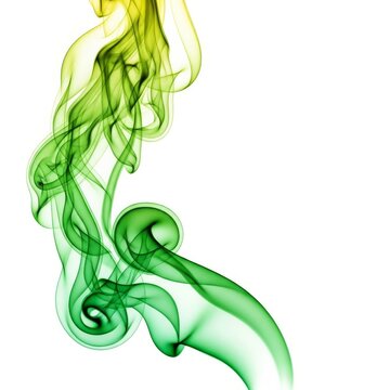 A captivating abstract composition of luminous green and yellow vapor swirls flowing gracefully across a clean and minimal white background, wallpaper, wave, texture