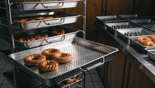 Medium shot capturing perforated metal drying trays equipped with removable handles ideal for convenient transport and drying of bakery goods or mechanical components with enhanced