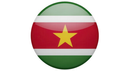Obraz premium Glossy circular button featuring the national flag of suriname with its green white and red stripes. isolated on transparent background