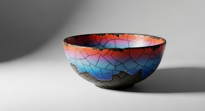 A ceramic bowl exhibits a network of fine cracks within the glaze, showing darkened edges and subtle chips gathered over many decades, artisan, vessel, earth