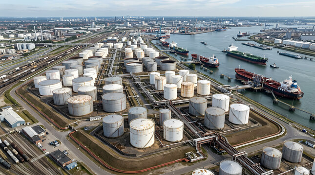 Aerial view of industrial oil storage tanks and shipping port