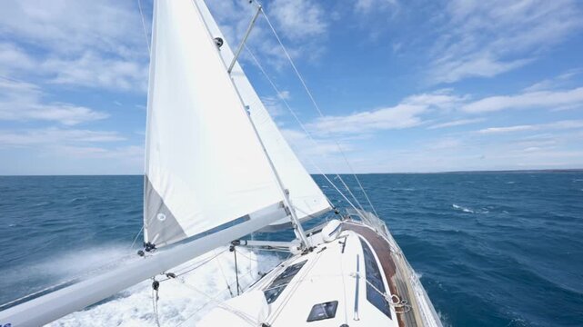 Extreme slow motion POV sailing through dynamic ocean waves in Croatia, capturing powerful splashes, intense motion and adrenaline-filled yacht action under bright summer sunlight at sea
