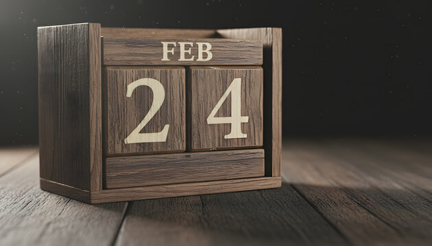 Wooden vintage block calendar showing February 24