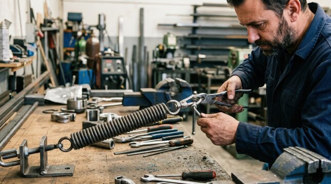 Medium shot of a craftsman attaching a swivel hook to an extension spring end highlighting precision metalwork and spring tension adjustment.
