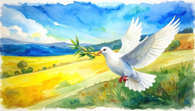 A white dove carrying an olive branch flies over a vibrant landscape under a blue sky.