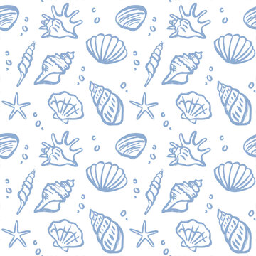 Blue sea or ocean shell pattern background. Contemporary beach art in chalk, charcoal or wax crayon drawing style vector illustration. Ink grunge hand drawn doodle shells seamless texture. Pencil desi