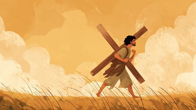 Jesus Christ walking with cross.