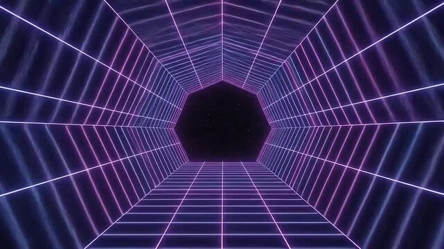 Abstract geometric tunnel with neon lights and a futuristic perspective in a dark space