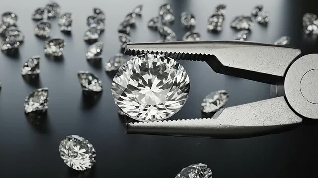 A shiny gemstone is held by a metal tool, surrounded by many other sparkling gems