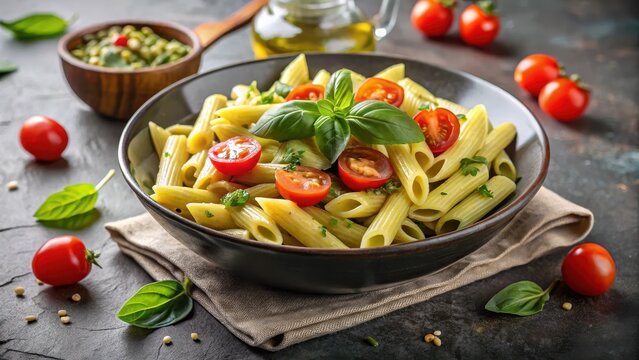 A photo of fresh penne pasta with creamy pesto sauce and cherry tomatoes arranged in a bowl The pasta is perfectly cooked, showcasing its al dente te
