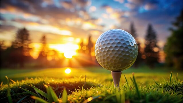 A realistic photo of golf ball on tee with golf course in the background