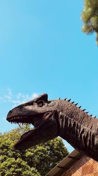 Detailed Head of Allosaurus or T-Rex Dinosaur Statue Isolated on Blue Sky