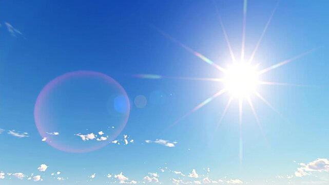 Bright sun shining in a clear blue sky with some fluffy white clouds in the background