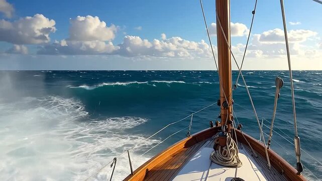 A wooden sailboat navigates through a vast ocean with large waves under a cloudy sky