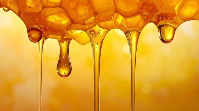 Close-up of golden honey dripping from a honeycomb, with a blurred background and soft lighting
