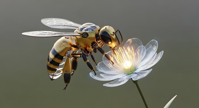 A bee hovers near a white flower in a natural outdoor setting.