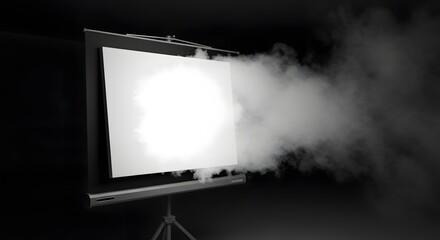 Fototapeta premium Smoke billows across a bright projector screen on a tripod stand in darkness