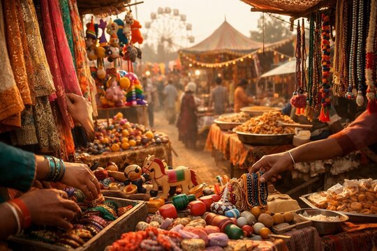 Traditional Indian Village Festival Fair with Colorful Stalls, Hands Selecting Goods, Cultural Market Scene in Warm Golden Light