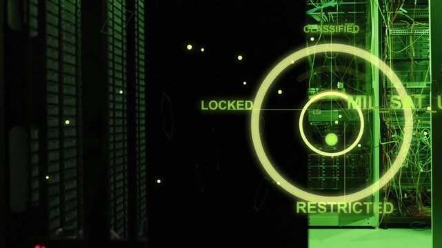 Central HUD showing dots starting animated rings tagging MIL_SAT_UPLINK for secure network status