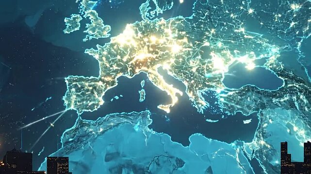 A digital illustration of a world map with city lights at night, in a dark space
