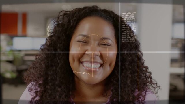 Mid-adult woman reacting to HUD, smiling wider and laughing while business overlay tracking face