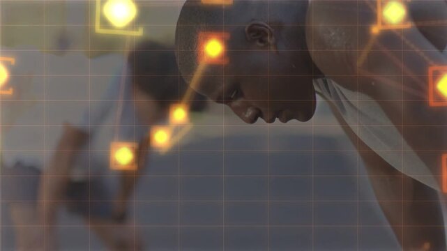 Foreground male athlete leaning forward, grid activating AR nodes mapping head for training insight