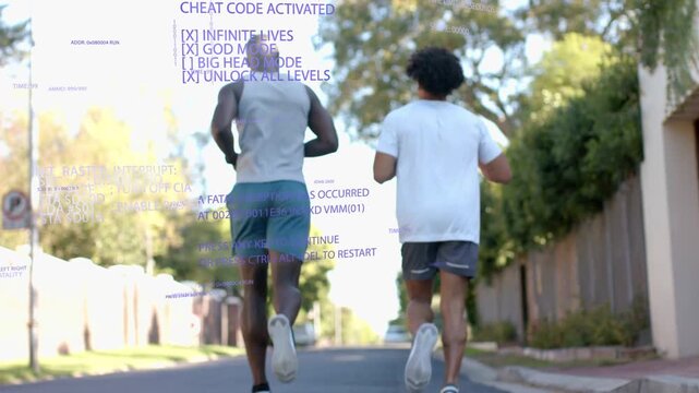 Two male runners training down suburban street, camera pulling back while fitness HUD overlaying