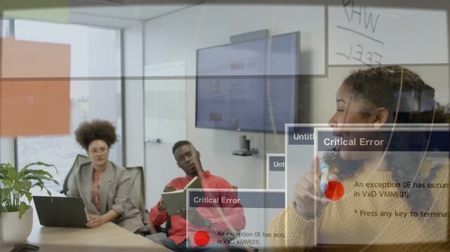 Appearing Critical Error windows as mustard top host writing on glassboard office with blue marker