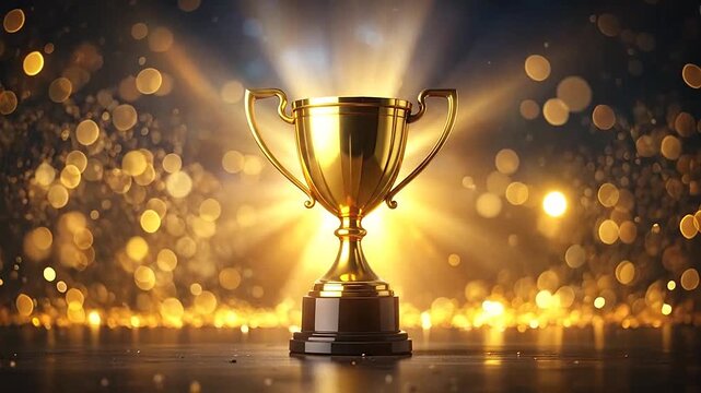 A golden trophy stands on a reflective surface, illuminated by bright, sparkling lights