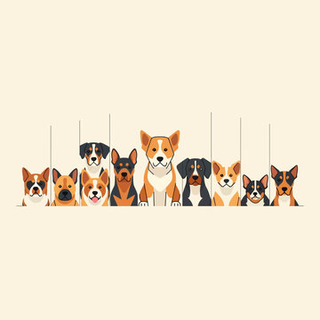 Flat vector illustration of a dog breed height comparison lineup featuring diverse breeds like Corgi, Beagle, and Doberman sitting against a cream background with height lines.