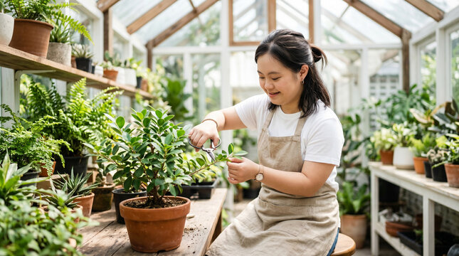 A woman with Down syndrome carefully prunes green plants in a glass greenhouse, inclusive horticultural work, professional greenhouse training.