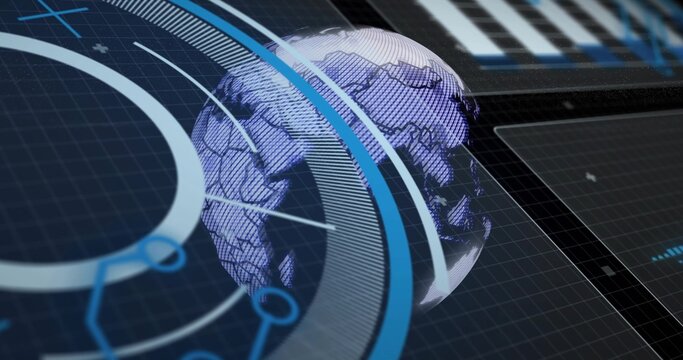 Rotating hex 3D globe right AR dashboard, showing HUD rings, radial guides, node icons, copy space