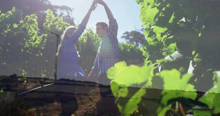 Fototapeta premium Sun flare sparking couple holding hands, twirling, dancing among vine rows, grape leaves, mic stand