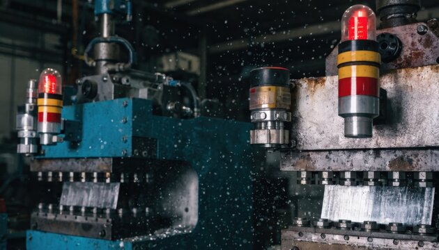 Medium shot focusing on an alert notification system triggered by IoT sensors detecting potential wear issues on stamping presses in a manufacturing environment.