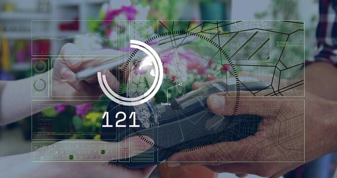 Choosing potted plants, customer in light sleeve tapping smartphone near card reader to pay, HUD121