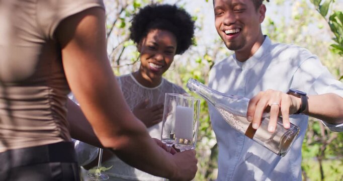 Vertical video: African American friends in yard pal offering flutes, man pouring bottle for toast