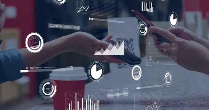 Tapping denim-sleeve customer paying by phone while server scanning QR at cafe counter with data