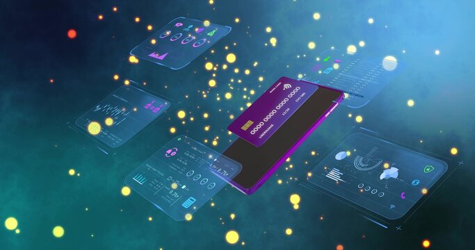 Floating purple phone displaying hologram charts in virtual space, reacting to purple card tap