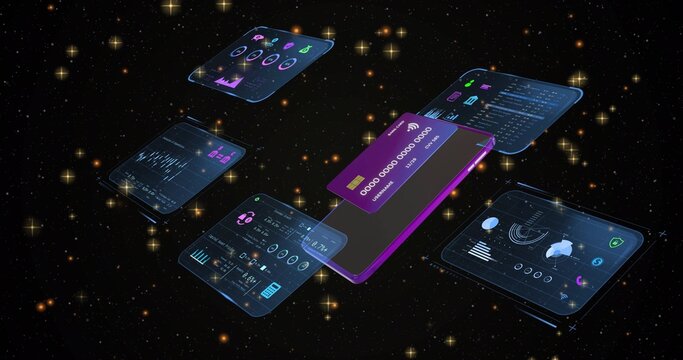 Booting purple phone floating in space showing card with tap icon, orbiting analytics for finance