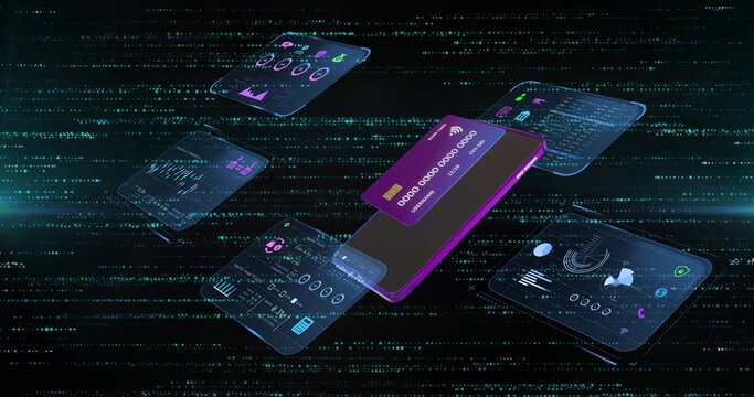 Receiving payment signal angled smartphone showing purple virtual card over UI panels in cyberspace