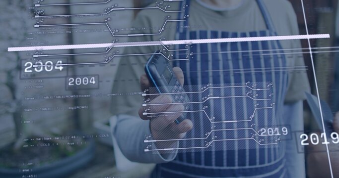 Extending card-reader, vendor wearing striped apron in courtyard with tablet, AR overlay 2004 or 201