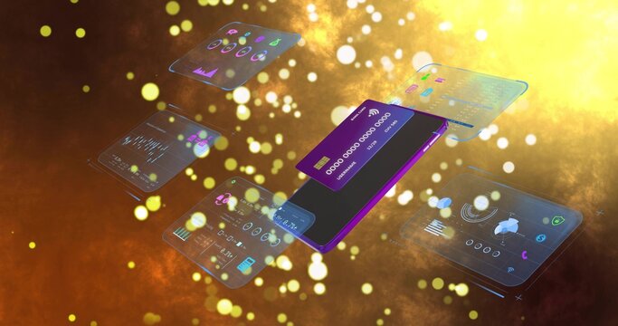 Responding to payment alert, purple phone showing virtual card in digital nebula with UI panels