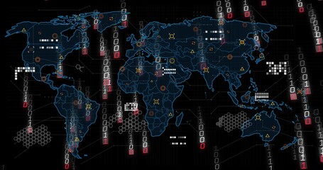 Global map pulsing binary streams, flagging hex nodes and warnings on network alert for security © vectorfusionart